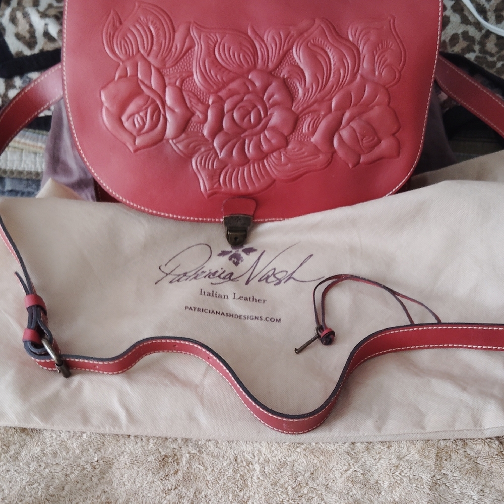 Patricia Nash Red Leather Crossbody with Embossed Floral Design
